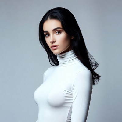 Woman in white turtleneck posing indoors