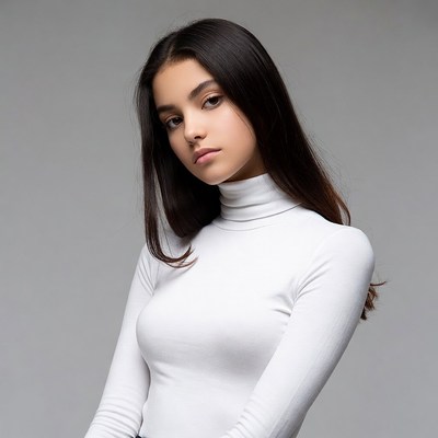 Young person poses against gray background