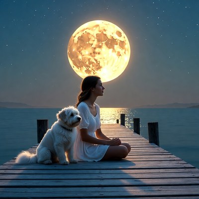 Woman and dog by the moonlit water