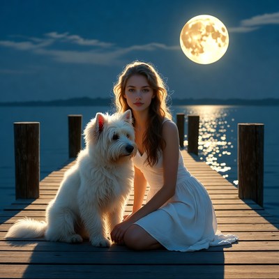 Woman and dog by the lake at night