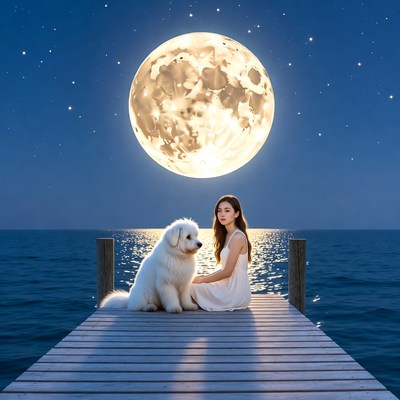 Girl and dog on dock at night