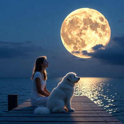 Woman and dog by the water at night