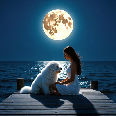 Woman and dog under bright moon