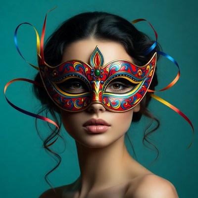 Woman with colorful mask and ribbons
