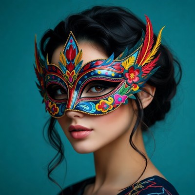 Colorful mask worn by woman
