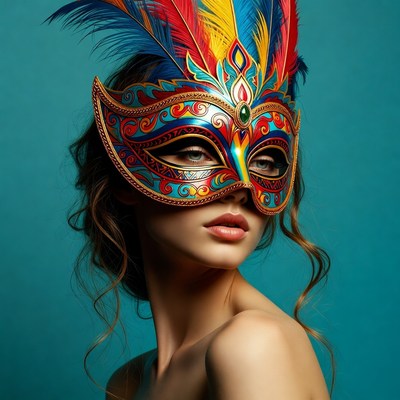 Colorful mask with feathers in portrait