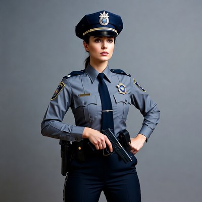 Woman in police uniform with handgun