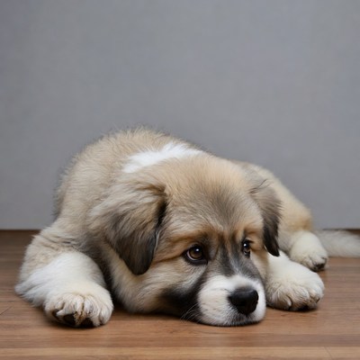 Puppy resting on wooden floor