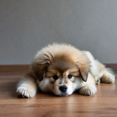 Puppy resting on wooden floor