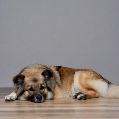Dog lying on wooden floor