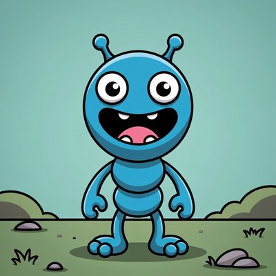 Blue cartoon bug character in a field