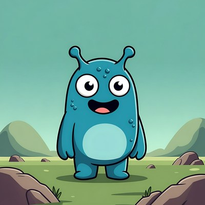 Funny blue cartoon character in landscape