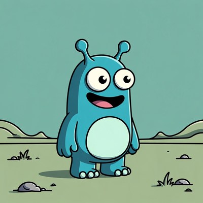 Blue cartoon character on green field