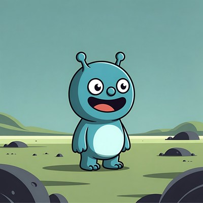 Cartoon character stands on alien landscape