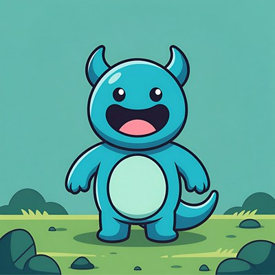 Cute blue character in a grassy area