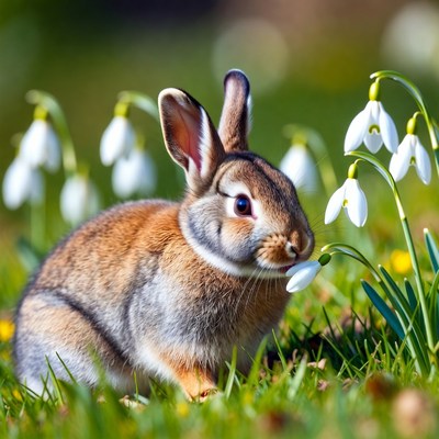 Rabbit sitting among snowdrop flowers