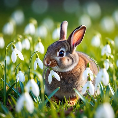 Rabbit among snowdrop flowers in spring