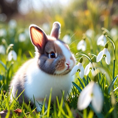 Rabbit exploring snowdrop flowers