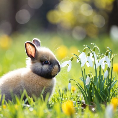 Rabbit near snowdrop flowers in spring
