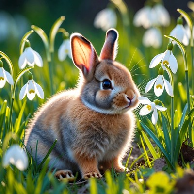 Cute rabbit among snowdrop flowers