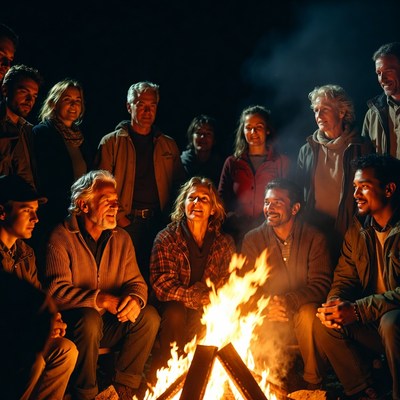 Gathering around the fire at night