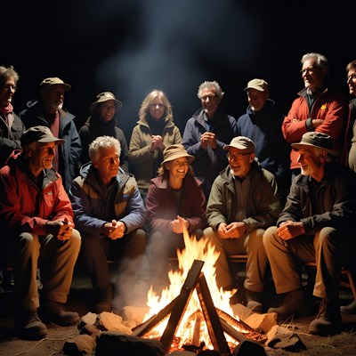 Group gathers around campfire at night