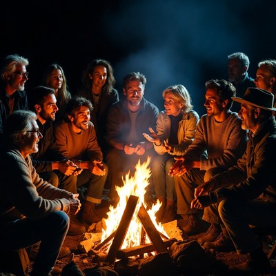 Friends gather around a warm fire