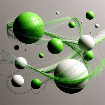 Green and white spheres in motion