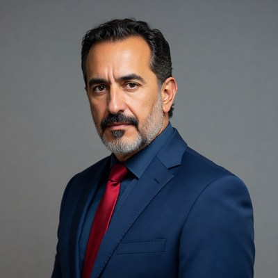 Man in suit with beard poses for portrait