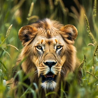 Lion in tall grass at sunset