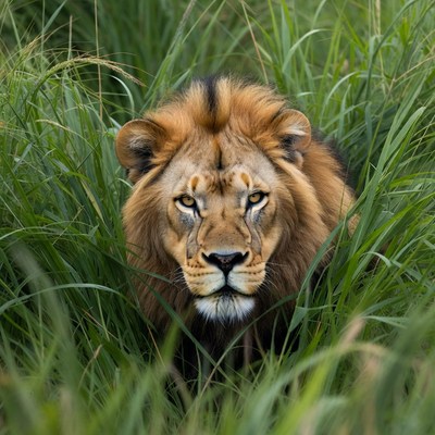 Lion in tall grass during daytime