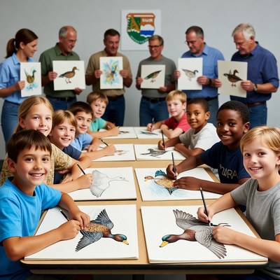 Children and adults drawing birds together