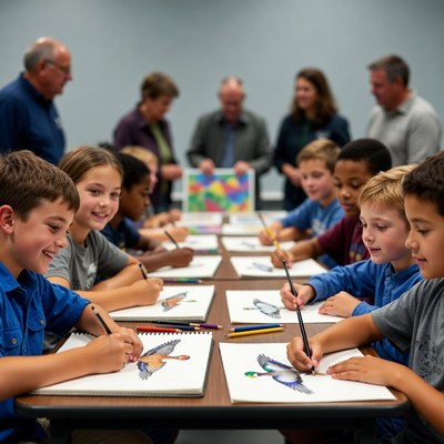 Students draw ducks during art class
