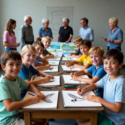 Kids drawing birds in classroom activity