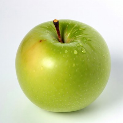 Green apple with water droplets on surface