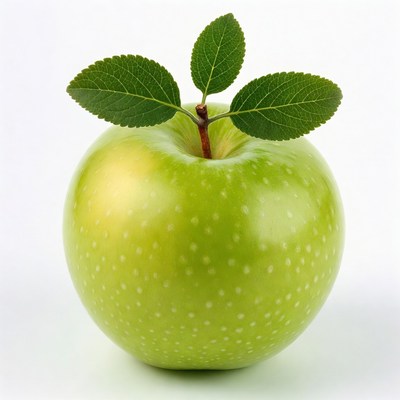 Green apple with leaves on top