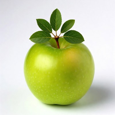 Fresh green apple with leaves on top