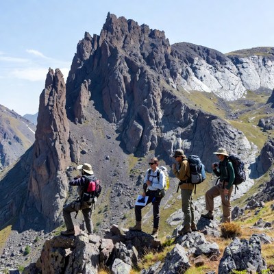 Hiking in rocky mountains with team