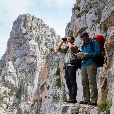 Hikers navigating rocky terrain in mountains