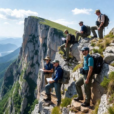 Team of hikers studying mountain terrain