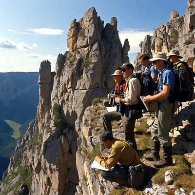 Hiking group studies rocky landscape