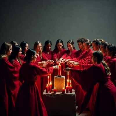 Group of people in red robes around candles