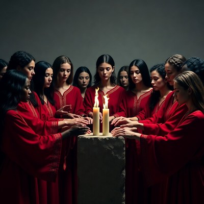 Women gathered around candles at night