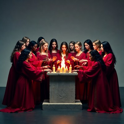 Women in red robes around candles