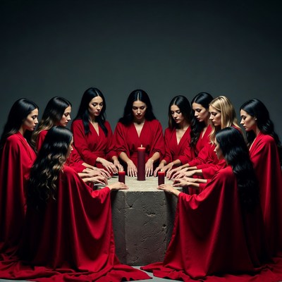 Women in red robes around stone table