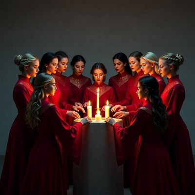 Women in red gathering around candles