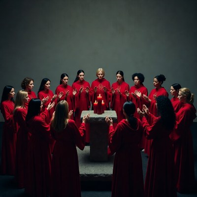 Women in red robes gather around altar