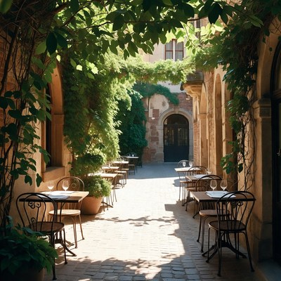 Charming courtyard with empty tables