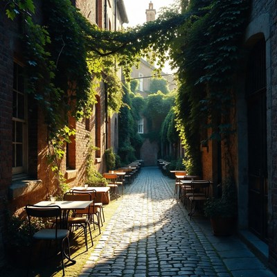 Cobblestone alley with outdoor seating
