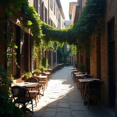 Outdoor dining area with plants in city